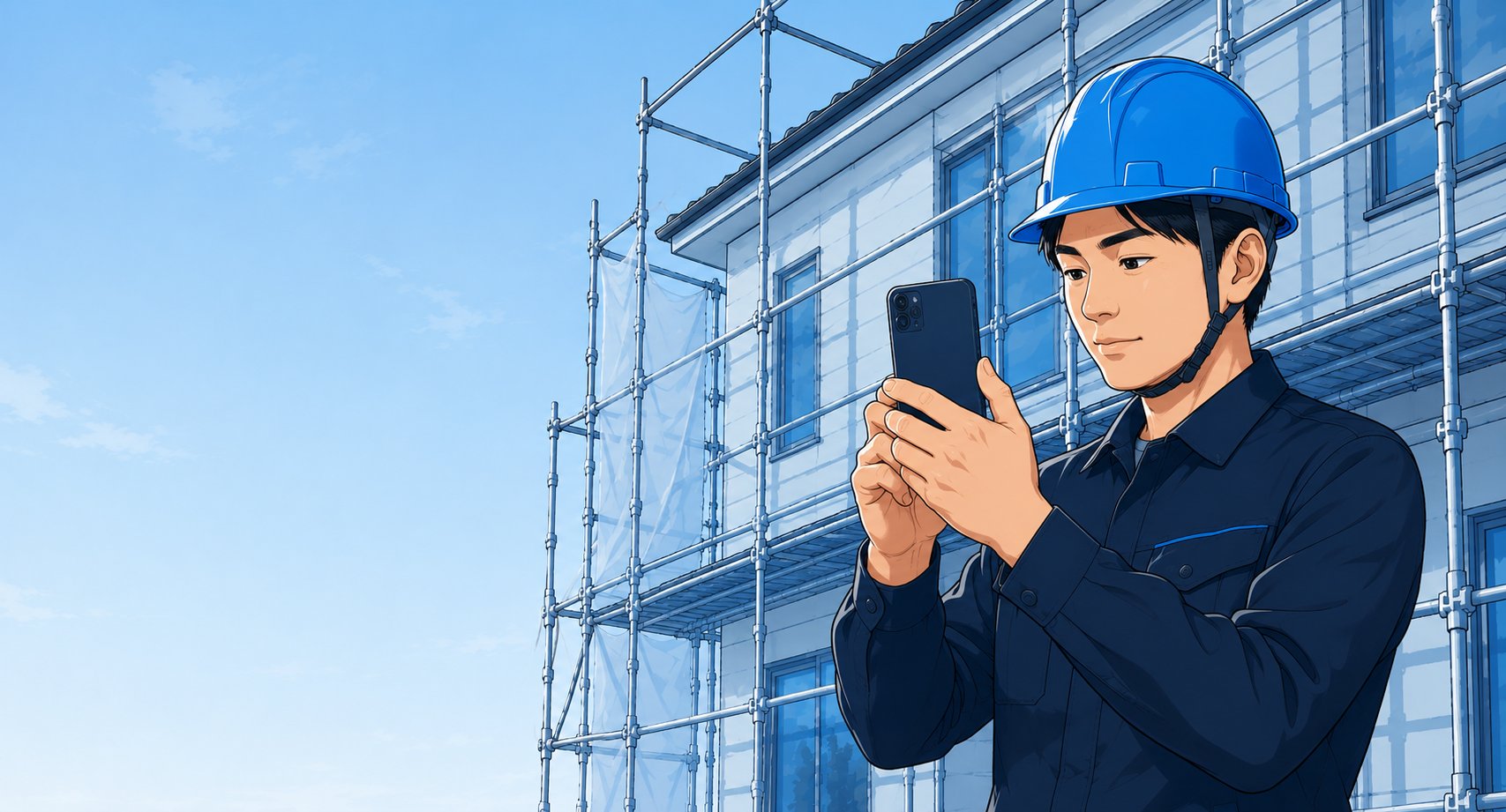 足場のある改修現場で、スマートフォンを構えて施工箇所を記録する若い職人のイラスト